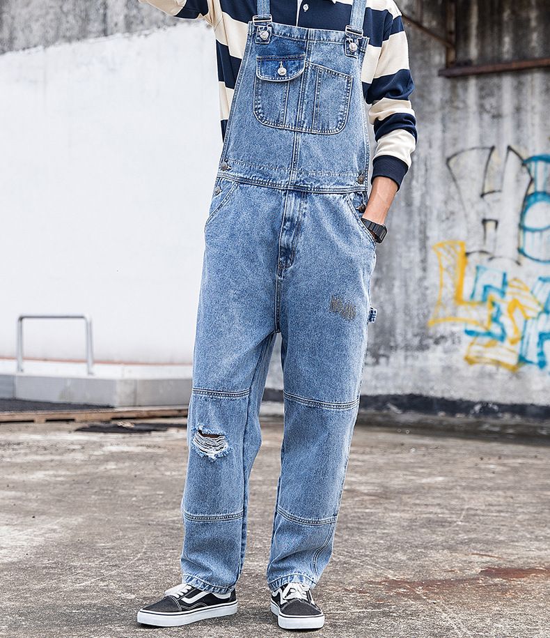 Man's clothing Men's denim overalls couple ripped loose straight jumpsuit wide leg overalls suspenders ins Daddy pants_voghion.com