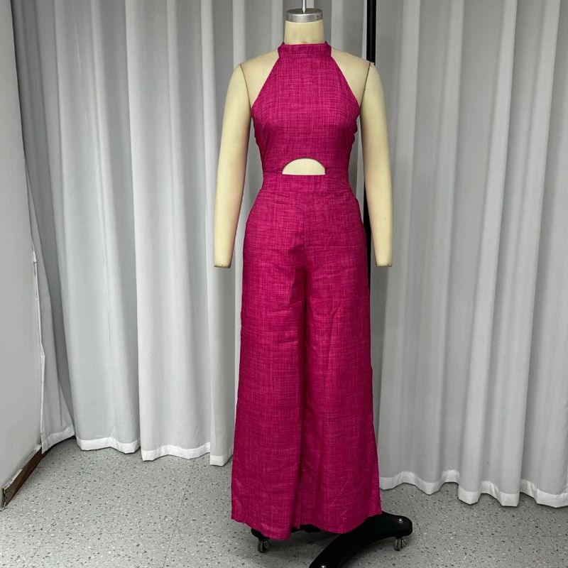 Women's Clothing summer new women's clothing solid color round neck sleeveless fashion hollow wide leg jumpsuit_voghion.com