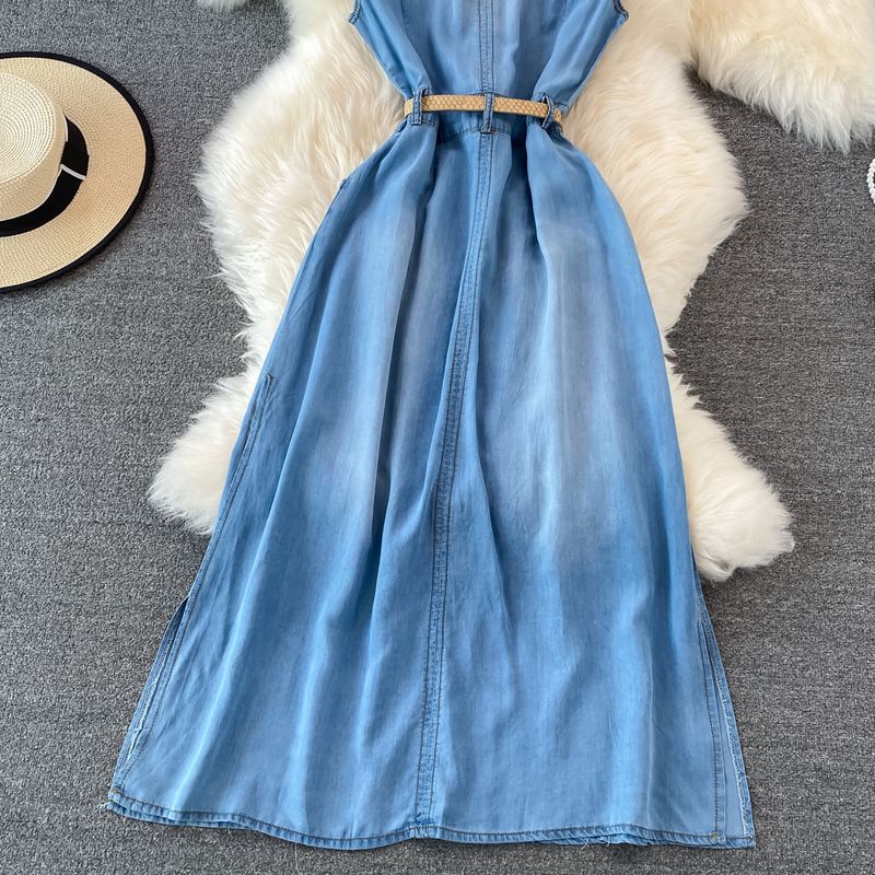 Abito in denim senza maniche, stile maturo e leggero, per donna, estivo, nuovo, retrò, snellente, a trapezio, gonna lunga_voghion.com