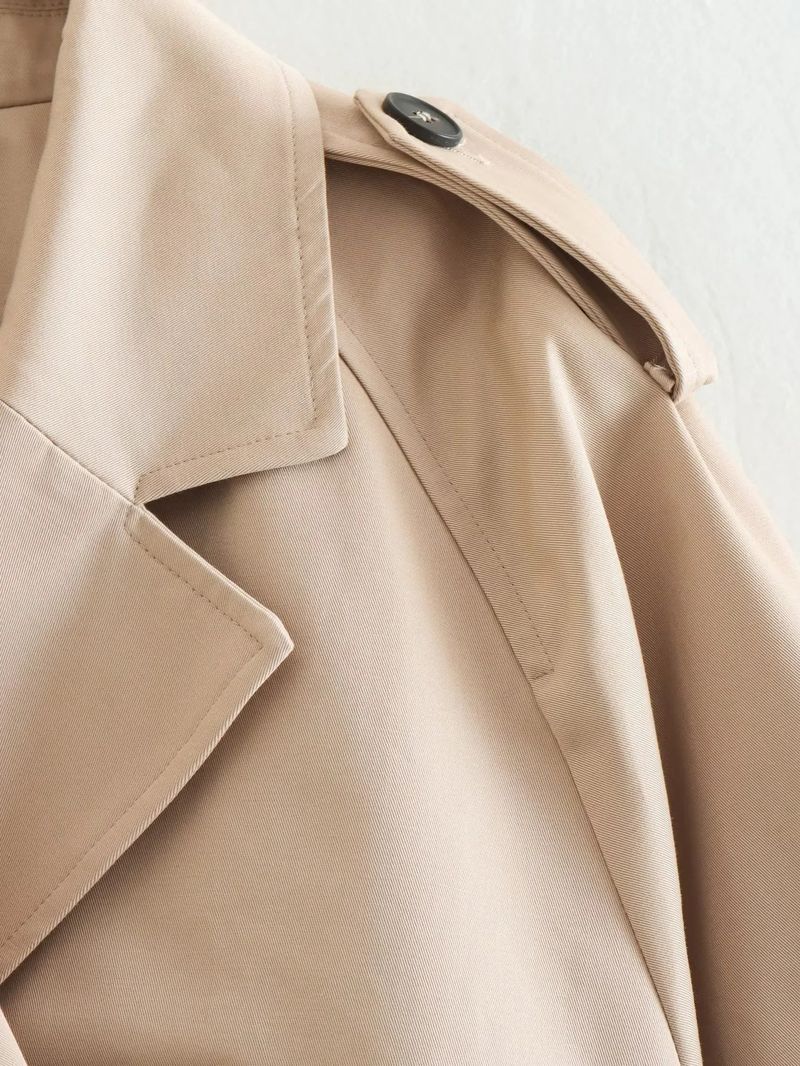 Trench corto a maniche lunghe in stile britannico con scollo a V a due bottoni in pizzo antivento, versatile alla moda_voghion.com