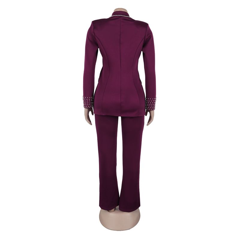 Traje de dos piezas ajustado de manga larga con perlas para mujer_voghion.com
