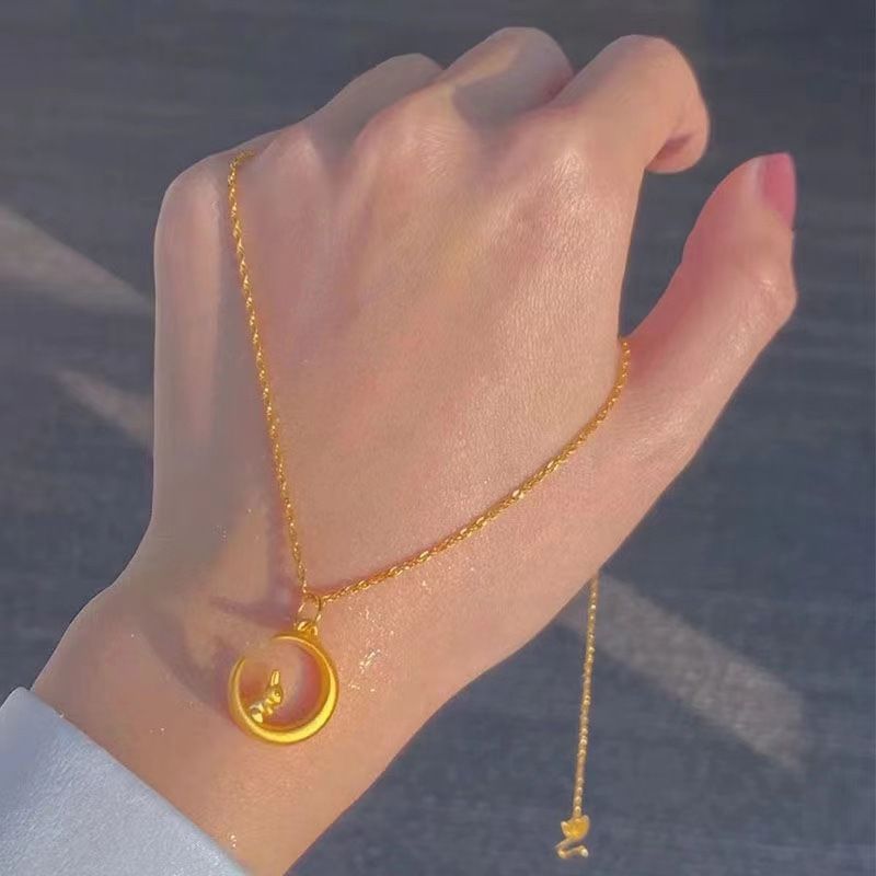 Collier de lapin en or et sable de même style avec pendentif en forme de lapin blanc et lune, anneau d'oreille de lapin, bijoux cadeaux pour petite amie_voghion.com
