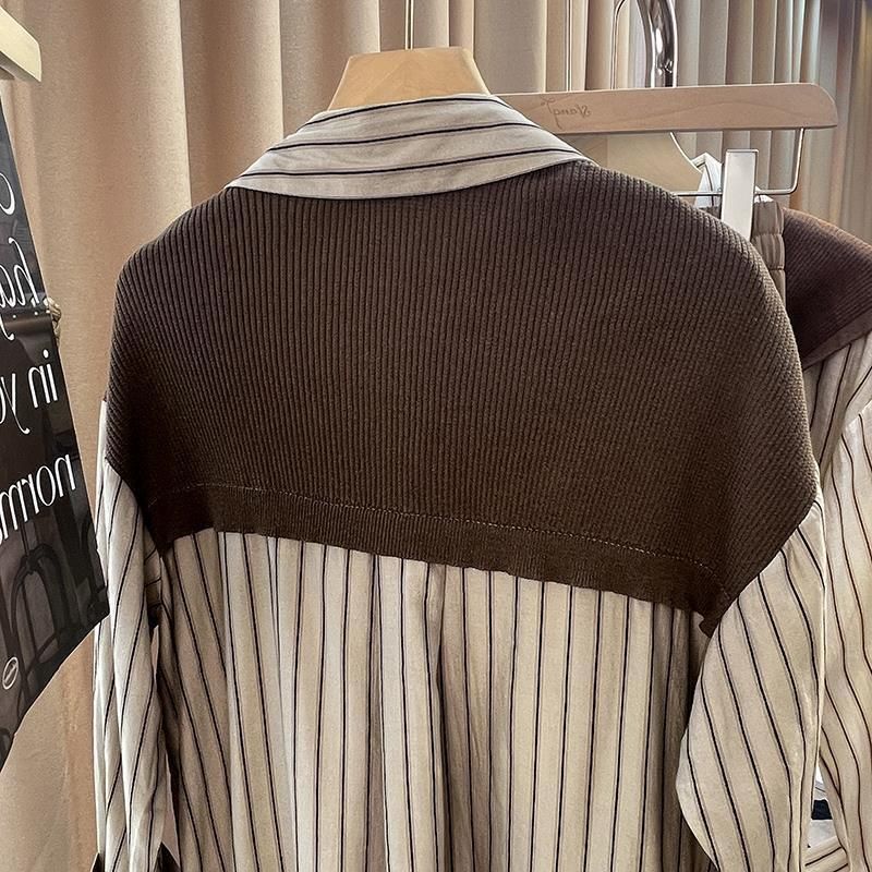 Elegant Autumn Shawl Collar Striped Shirt For Women - French-Inspired Long Sleeve Blouse With Layered Design_voghion.com