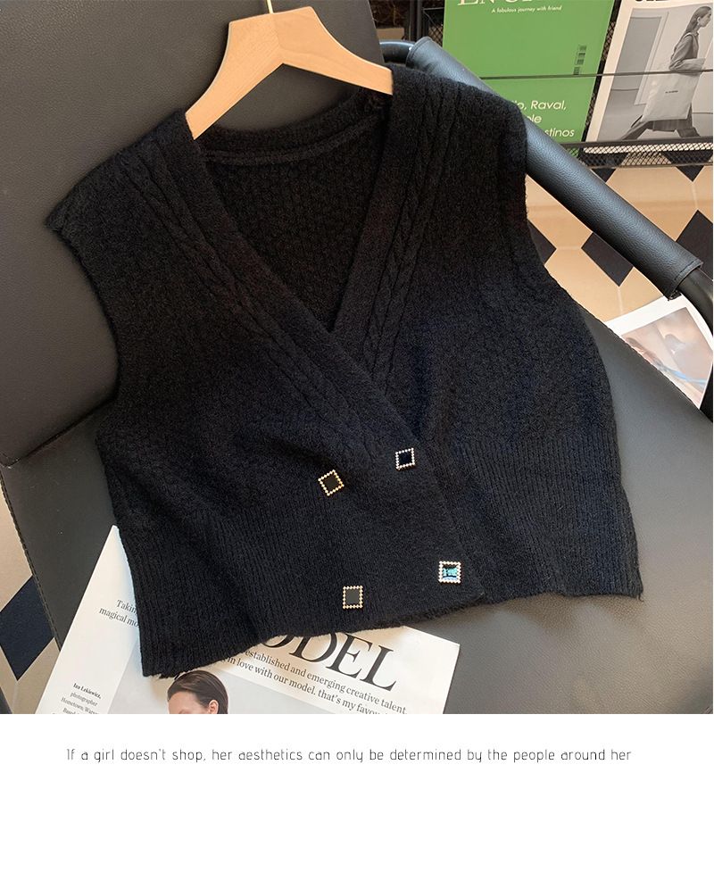 K V-neck Pullover Cardigan For Women; Sleeveless Coat In Solid Color, New Style, Korean Version, To Be Worn Outside_voghion.com