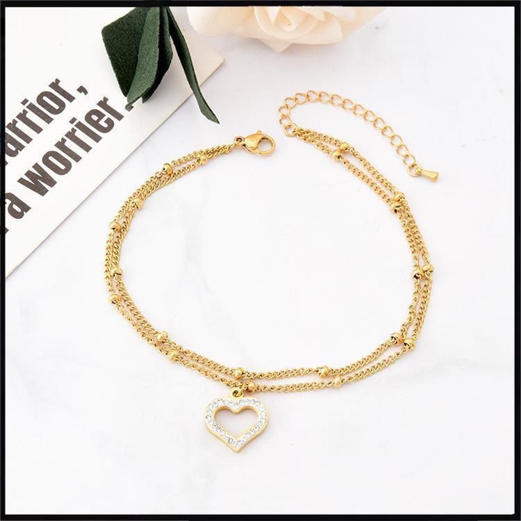 Tornozeleira de aço titânio com corrente de contas de camada dupla, joia fashion, tornozeleira de zircônia Sweet Love, tornozeleira estilo praia para mulheres_voghion.com