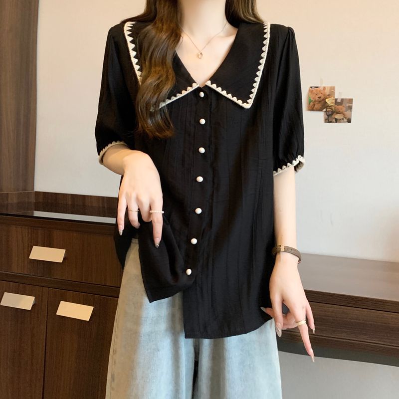 Camicetta blu con spalle scoperte per donna, taglie forti estive, modellante, snellente, stile francese, colletto a bambola, manica corta,_voghion.com