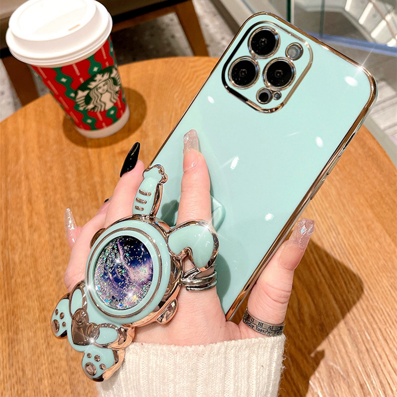 Pour iPhone 13 12 13 14 Pro Max 7 8 Plus 3D Quicksand Rabbit Bracket Case pour iPhone XR Xs Max X Glitter Fold Stand Placage Cover_voghion.com