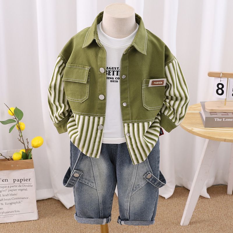 Kinderoutfit 2025 Nieuwe lente- en herfstmode voor jongens Baby-jeans met dubbele opgestikte zakken, driedelige set_voghion.com