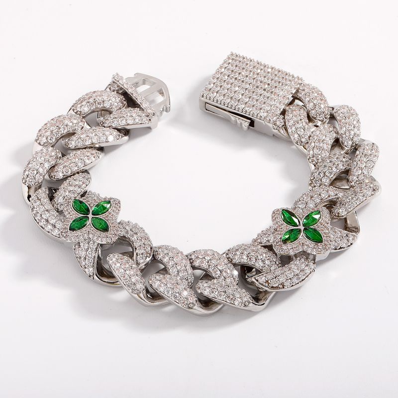 Herrenschmuck, kubanisches Gliederarmband mit vierblättrigem Kleeblatt, grünem Edelstein, verstellbarer Federverschluss, 17,8–20,3 cm, geometrisches Design, Unisex-Modeaccessoire_voghion.com