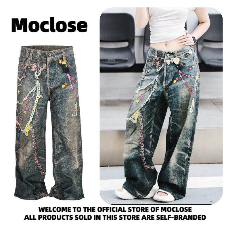 Herrenbekleidung Moclose American Street Retro Candy Chain Print Herren- und Damen-Jeans, lässig, locker, gerade, weit geschnitten_voghion.com