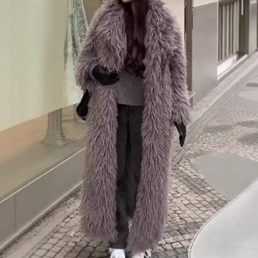 Abrigo largo de felpa para mujer, chaqueta cálida de invierno de piel sintética gris, elegante prenda exterior para ocasiones sociales de otoño e invierno._voghion.com
