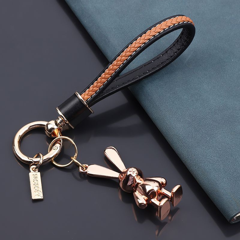 Porte-clés de voiture en cuir de vache, petit lapin, pendentif tridimensionnel, dessin animé, mignon, pour femme, personnalité, couple, sac_voghion.com