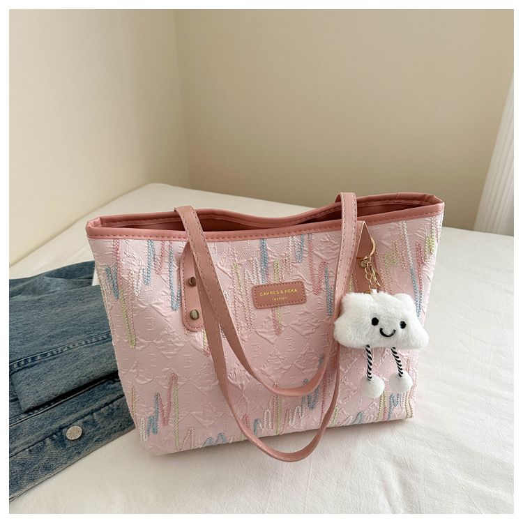Stilvolle, gestreifte, bestickte Tragetasche für Damen – leichte Schultertasche aus Canvas mit abnehmbarem Anhänger, geräumiges Design für Arbeit, Uni und den täglichen Gebrauch_voghion.com