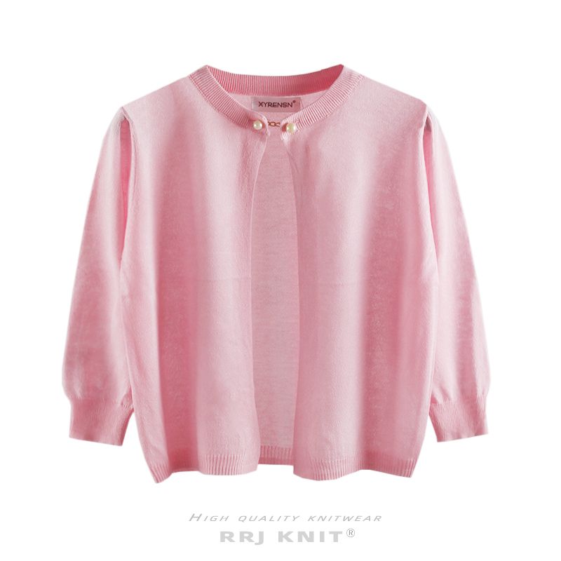Cardigan scollo rotondo snellente in maglia di rayon con fibbia di perle YILI_voghion.com