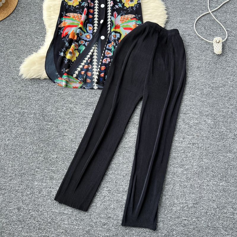 Sieviešu apģērbu kostīms sievietēm, gaišs brieduma stils, vidēja garuma, vienrindu, kroku apdrukas tops + ikdienas bikses ar augstu vidukli_voghion.com