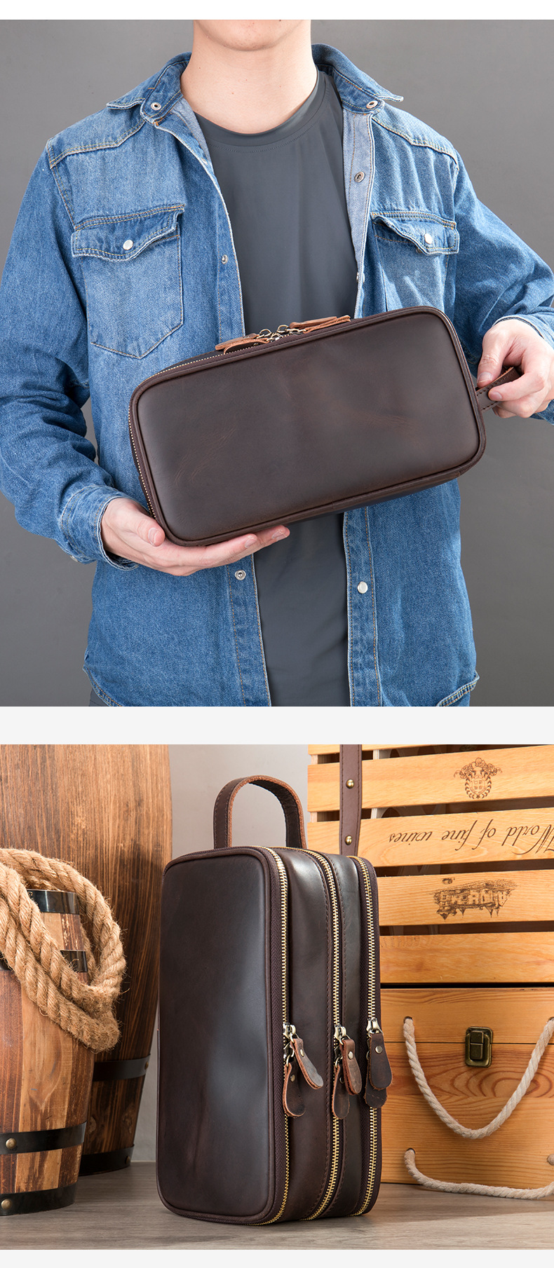 Marant Vintage Crazy Horse Leather Pochette da uomo in vera pelle con cerniera multipla, borsa da toilette di grande capacità_voghion.com