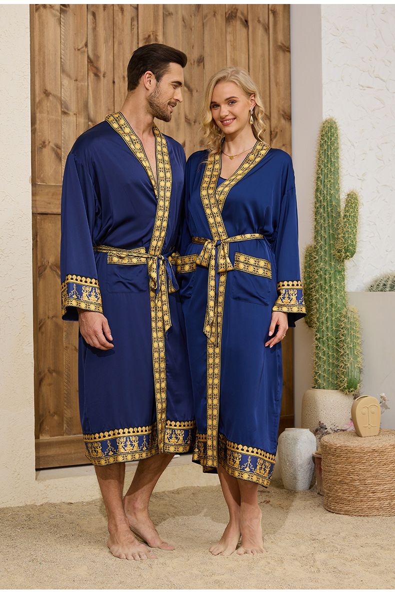 Baroque-Inspired Luxury Couple's Robe Set – Long Sleeve Satin Bathrobe With Elegant Embroidery – Matching Loungewear For Him & Her_voghion.com