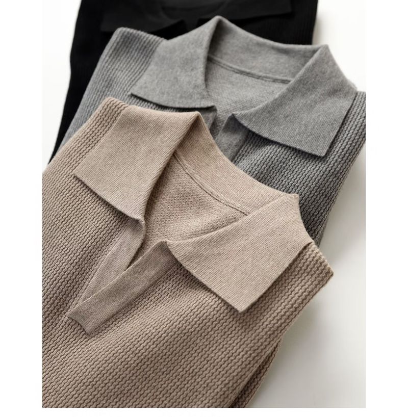 Maglione con scollo a V, pullover con risvolto spesso, polo a maniche lunghe, tinta unita, primavera e autunno._voghion.com