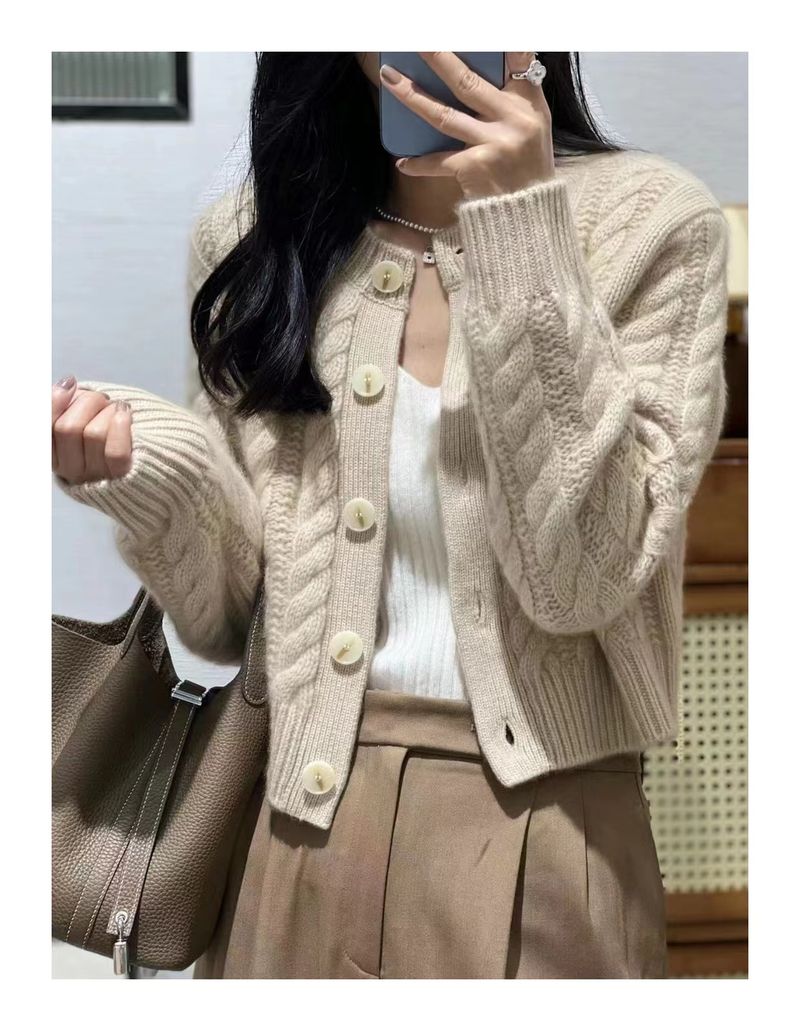 2025 New Autumn And Winter 100% Pure Wool Cardigan Women's Round Neck Twist Solid Color Sweater Short Cashmere Knitted_voghion.com
