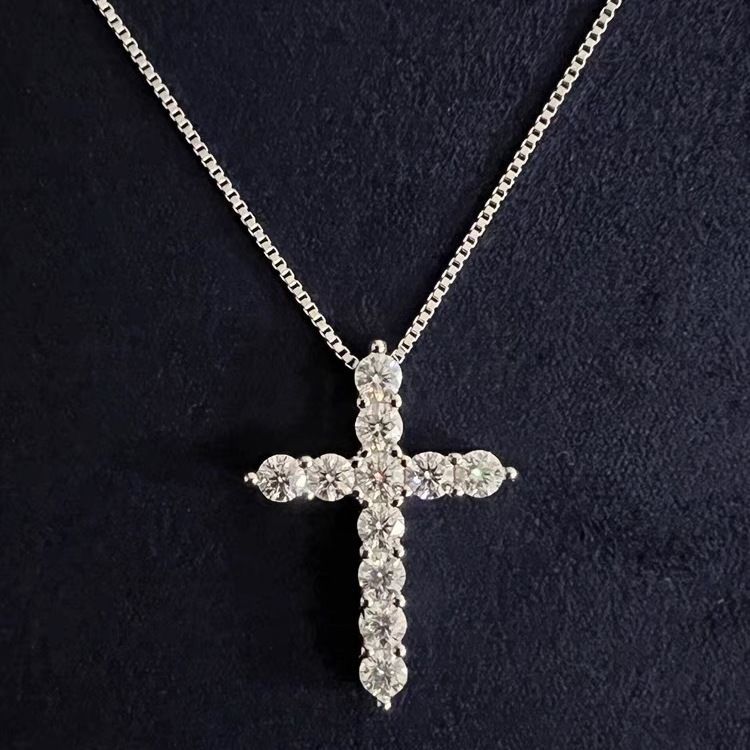 Collana unisex con croce tempestata di diamanti, ciondolo in argento puro con diamanti, catena alla moda hip-hop americana_voghion.com