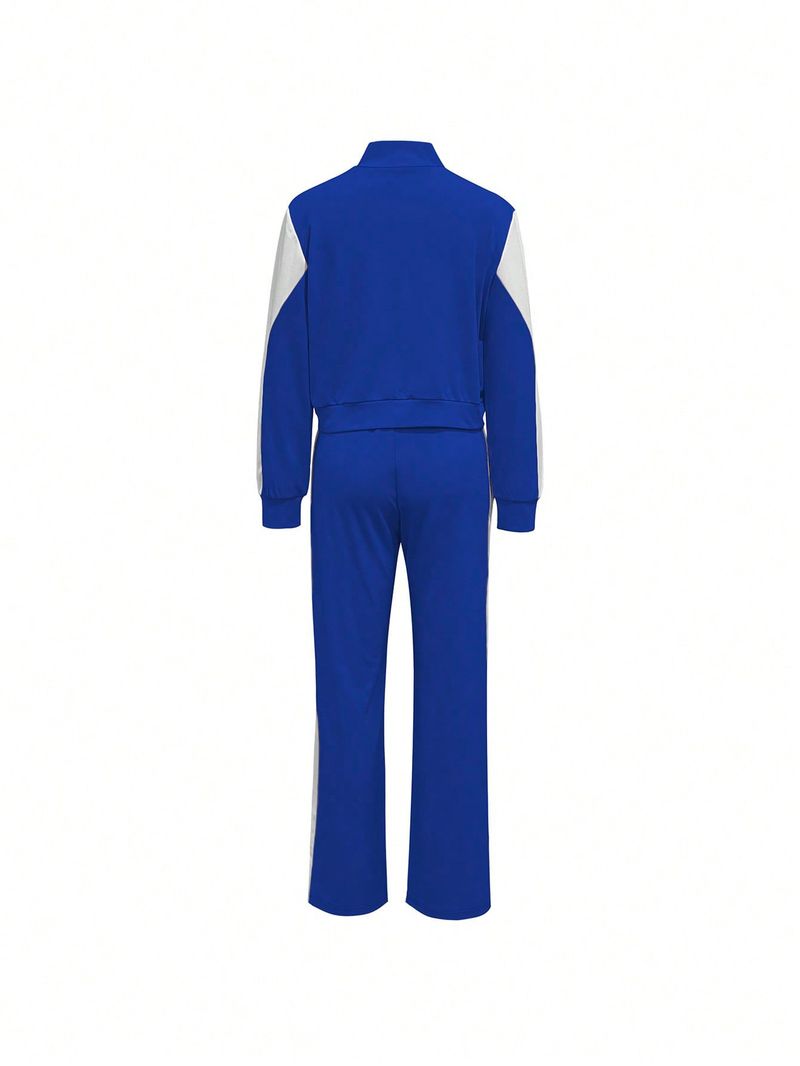 Spring Autumn Women's Fashionable Comfortable Color-Block Sports Style Zipper Jacket And Casual Long Pants Two-Piece Set_voghion.com