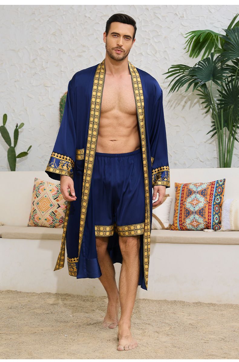 Herreklær Barokkstil Satin Robe Shorts Dress Nattkjole_voghion.com