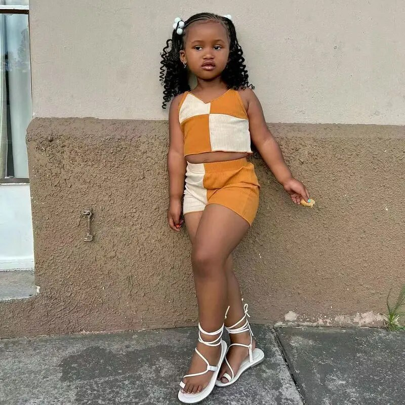 Ensemble de vêtements d'été pour bébés filles de 1 à 8 ans, haut court sans manches + short en Patchwork, pantalons pour enfants, tenues décontractées_voghion.com