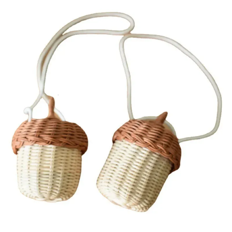 Cestino portaoggetti a forma di ghianda, borsa rotonda in rattan intrecciata a mano, stile spiaggia tropicale, tracolla intrecciata, Po Props 250225l_voghion.com