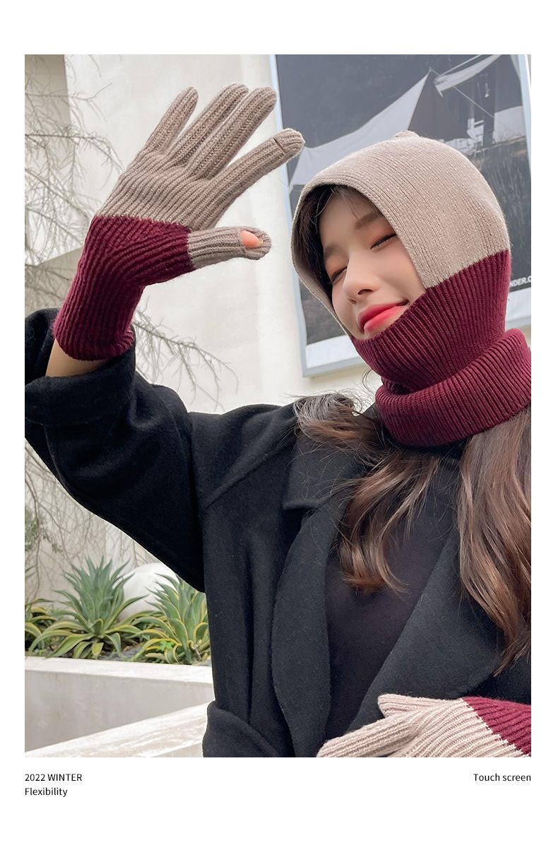 Winter wool for women, Korean version, color blocked, thickened, warm knit, windproof, leak proof, touch screen, outdoor_voghion.com