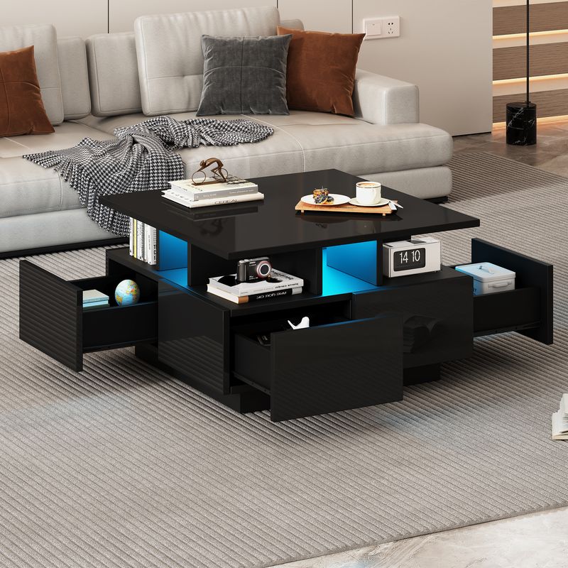 Table basse de salon noire brillante 70 x 70 x 40 cm avec éclairage LED, table d'appoint à 4 tiroirs, design géométrique, capacité de charge de 30 kg._voghion.com