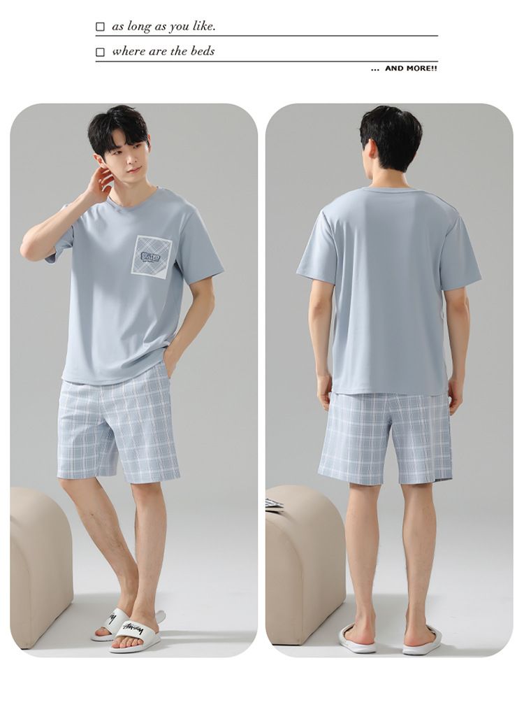 Sommerpyjama Herren Reine Baumwolle Dünn Schlichte Lässige Oberbekleidung Rundhals Pullover Kurzarm Shorts Baumwolle Heimkleidung Set_voghion.com