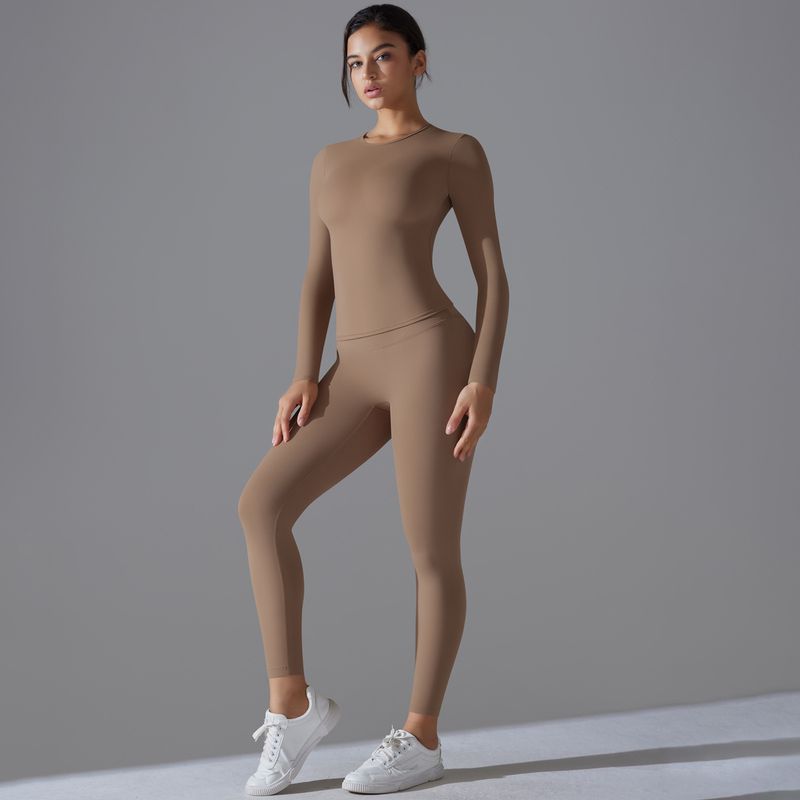 New Solid Color Double-Sided Brushed Elastic High Waist Tight Hip-Lifting Training Yoga Suit Running Fitness Set For_voghion.com