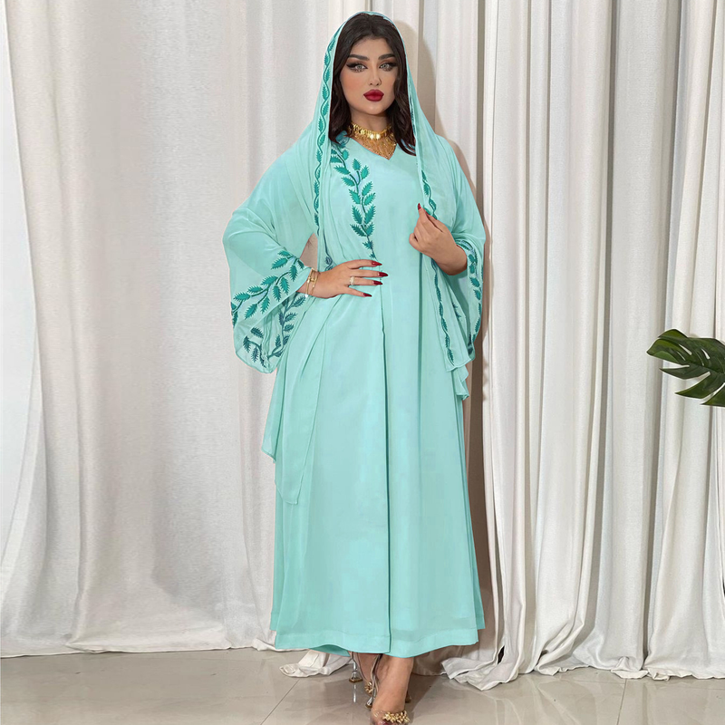 Damenmode Street Chiffon langes muslimisches besticktes rosafarbenes Rundhalskleid mit Hijab_voghion.com