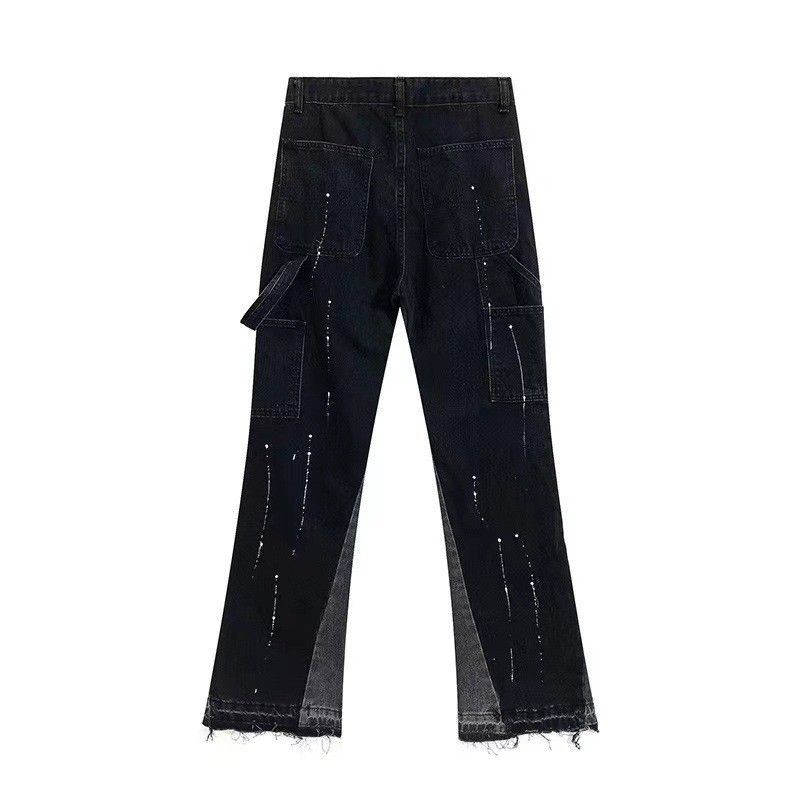 Vêtements pour hommes High Street Ink Splashed Splicing Vibe Style Jeans évasés pour hommes et femmes Ins Pantalons droits amples et longs_voghion.com