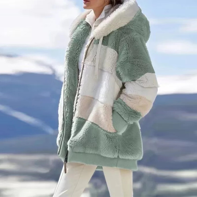 Abrigo de felpa de invierno 2021 para mujer, chaqueta con capucha y cremallera, informal, de gran tamaño, con cuadros, de piel, cálida, parka para mujer_voghion.com