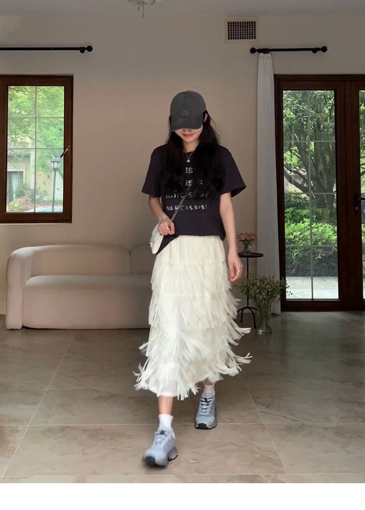 Abbigliamento da donna Gonna a torta con nappe a cinque strati, versatile, sottile, con elastico in vita, gonna dritta, gonna lunga di media lunghezza_voghion.com