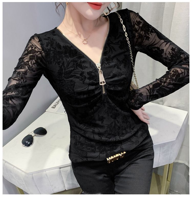 Design femminile con cerniera alla moda in stile straniero con maglietta a maniche lunghe_voghion.com