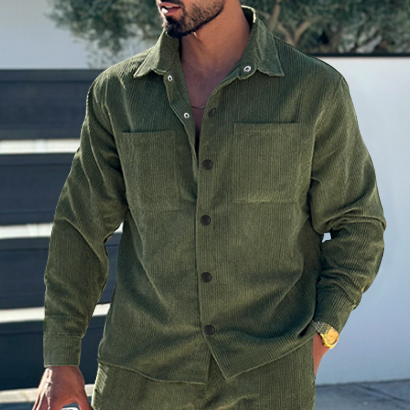 Cardigan da uomo slim fit, in velluto a coste, multitasche, casual, taglie forti, tinta unita, 2023_voghion.com