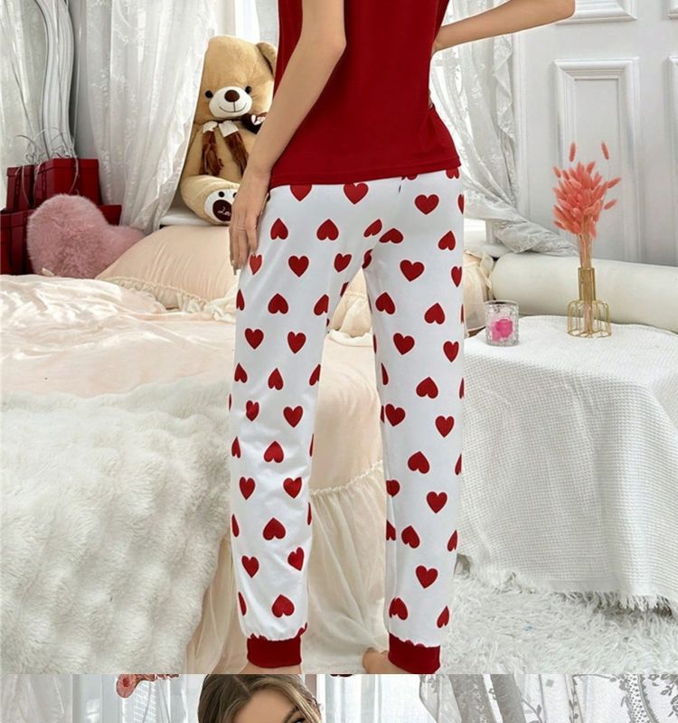 Conjunto de pijama de talla grande para mujer, ropa de estar por casa, estampado en forma de corazón, conjunto de pantalón y camiseta de manga corta, ajustado, informal y cómodo._voghion.com