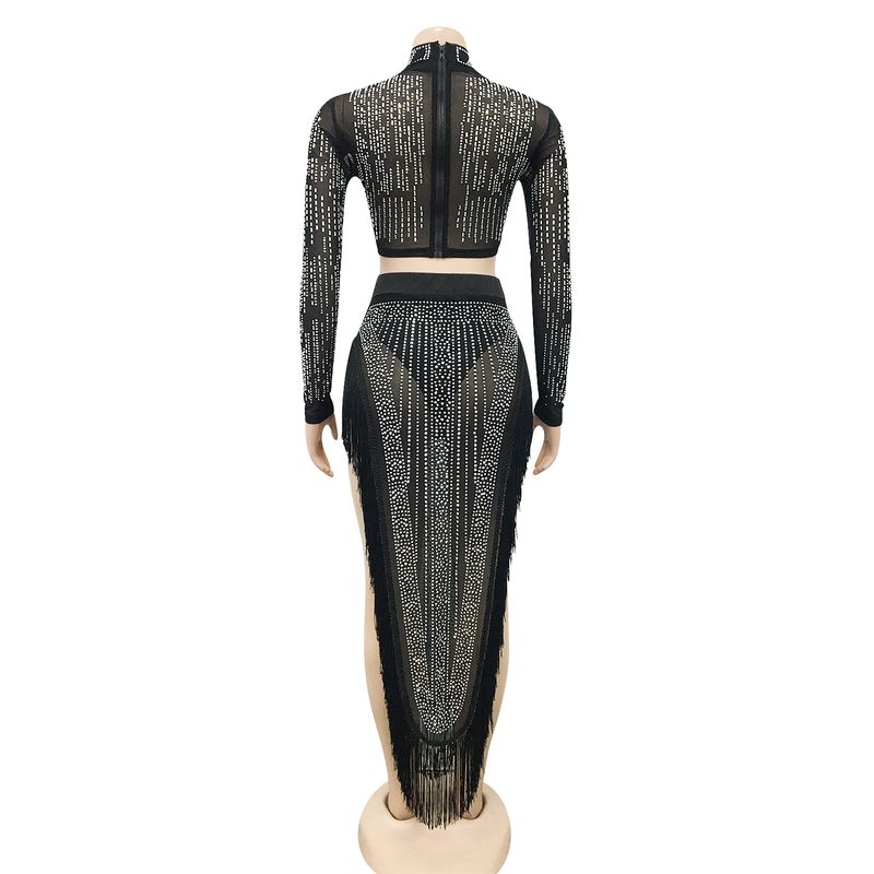 Vêtements pour femmes sexy discothèque chaude maille diamant transparente à manches longues fente longue jupe ensemble deux pièces_voghion.com