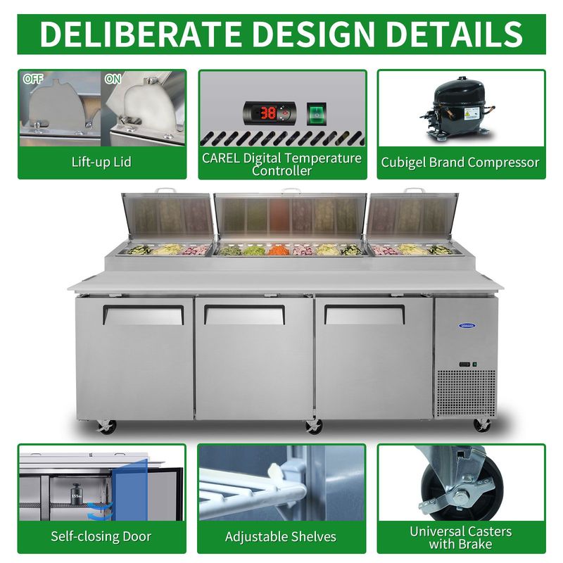 Orikool 93 IN Commercial Pizza Prep Table With A Built-in Refrigerator 30.8 Cu.Ft, Butcher Block Cutting Board, Protection Lid, Cold Storage, And Smooth-Rolling Casters, ETL Certified_voghion.com