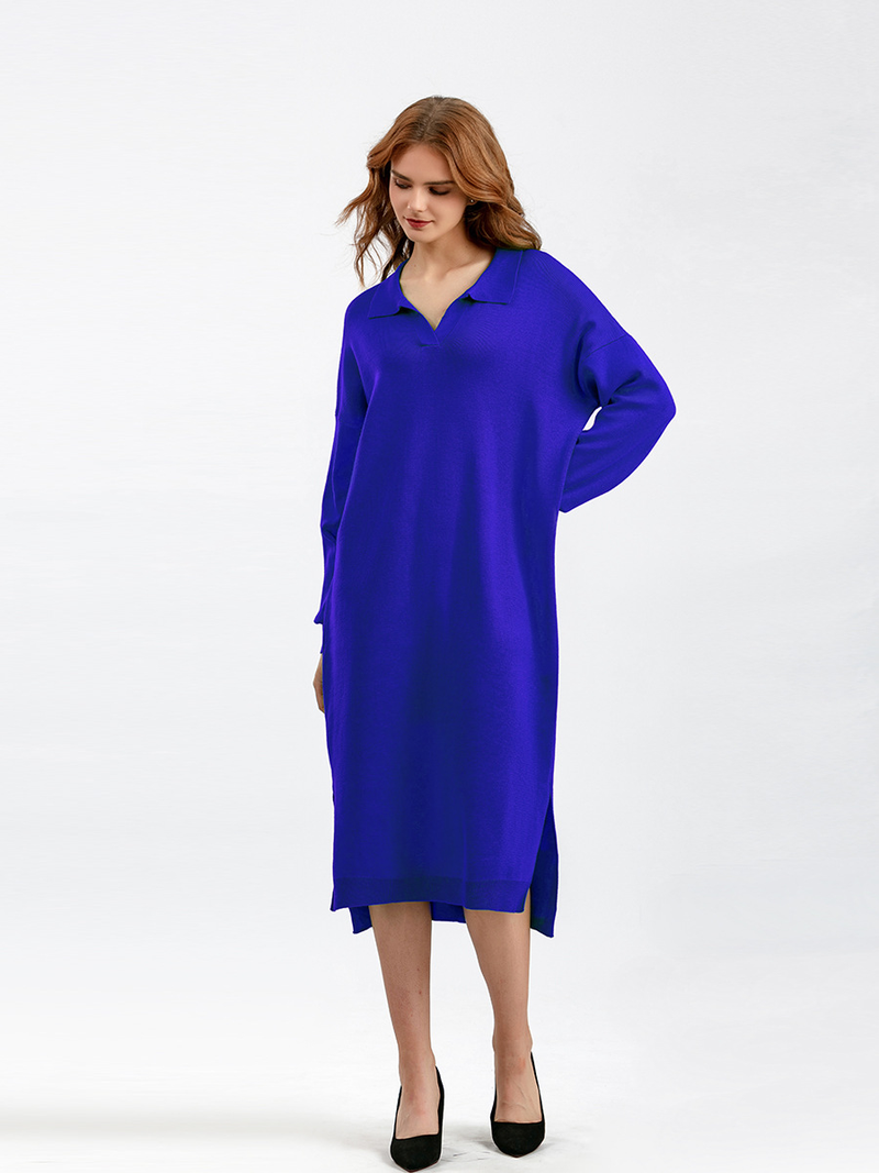 Women's Clothing autumn and winter new Polo collar bottoming knitted dress loose large size solid color ladies dress_voghion.com