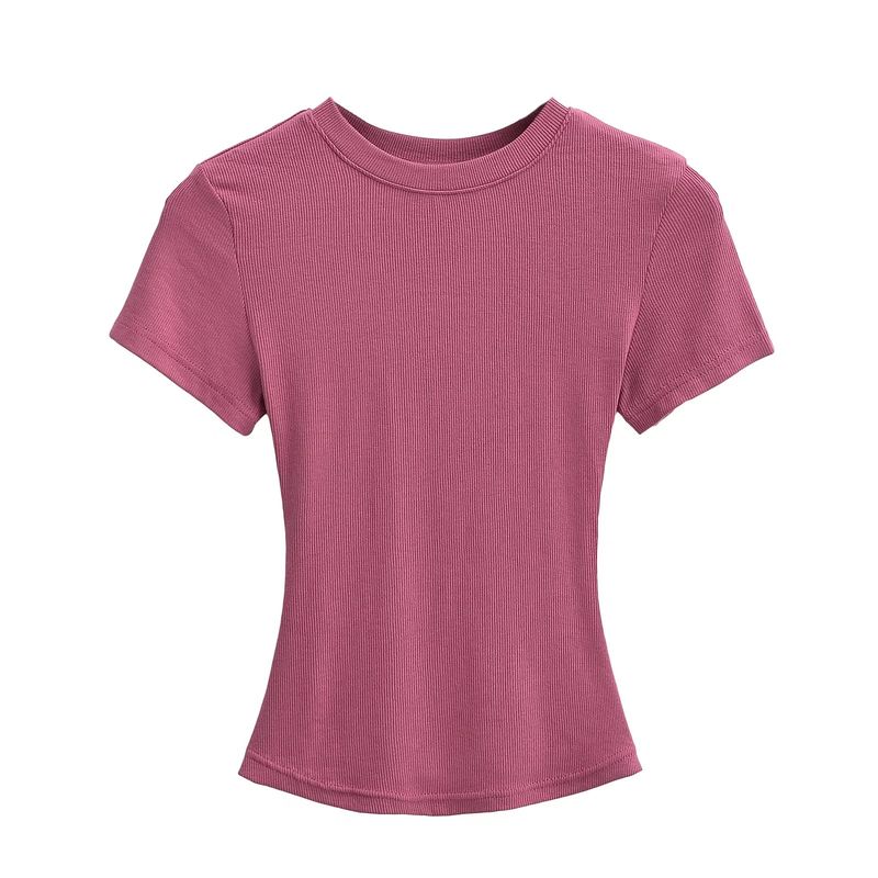 Maglietta estiva da donna sexy con scollo rotondo e maniche corte, tinta unita, con cuciture a vista_voghion.com