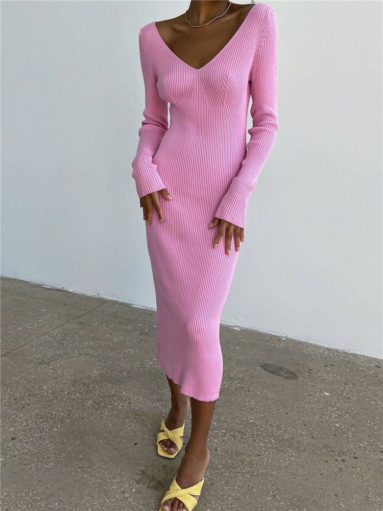 Gonna lunga da donna in maglia a maniche lunghe sexy sottile con scollo a V europeo e americano, autunno e inverno, fondo a coste, alla moda, tutto abbinato_voghion.com