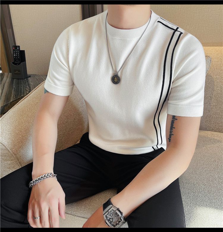 Summer New Products Men's Thick Short Sleeve T-Shirt Threaded Neckline Short Sleeve Knitted Sweater Slim Fit Elastic Bottom Sweater Undershirt_voghion.com