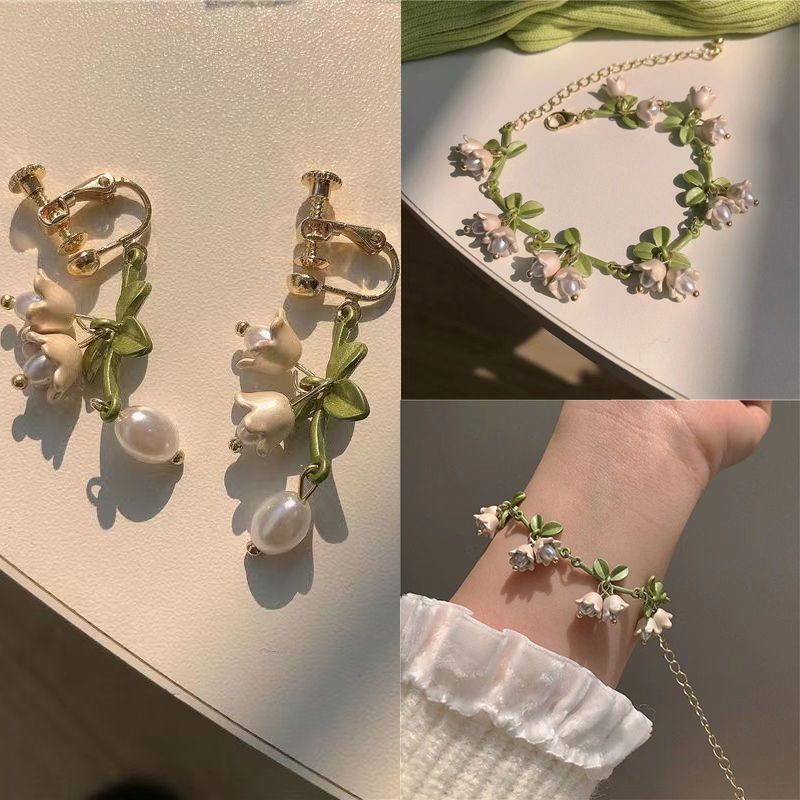 Weißes Maiglöckchen-Armband, Halskette, Ohrring-Set, Super-Feenwald-Stil, Zweig, neue Ohrringe, Mädchen, Kragen_voghion.com
