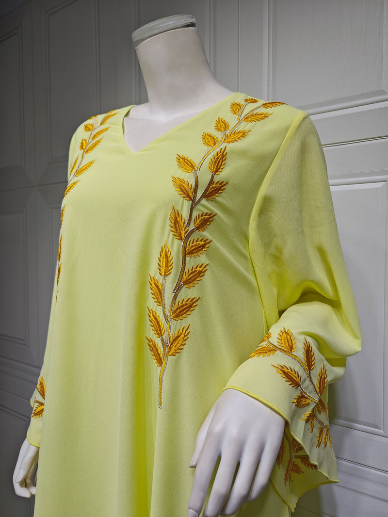 Damenmode Street Chiffon langes muslimisches besticktes rosafarbenes Rundhalskleid mit Hijab_voghion.com
