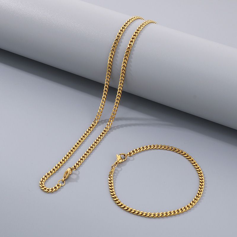 Titanium Double-Sided Polished Chain Multi-Size Stainless Steel Bracelet Necklace Set Accessories_voghion.com