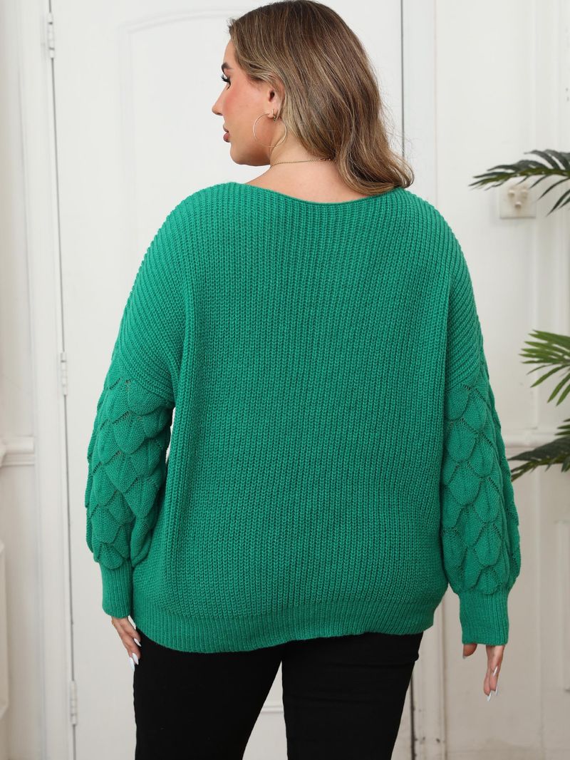 Damenpullover in Übergröße, Ananasärmel, besticktes Blumen-Strickoberteil mit Perlendetails – V-Ausschnitt, lockere Passform, Langarmpullover_voghion.com