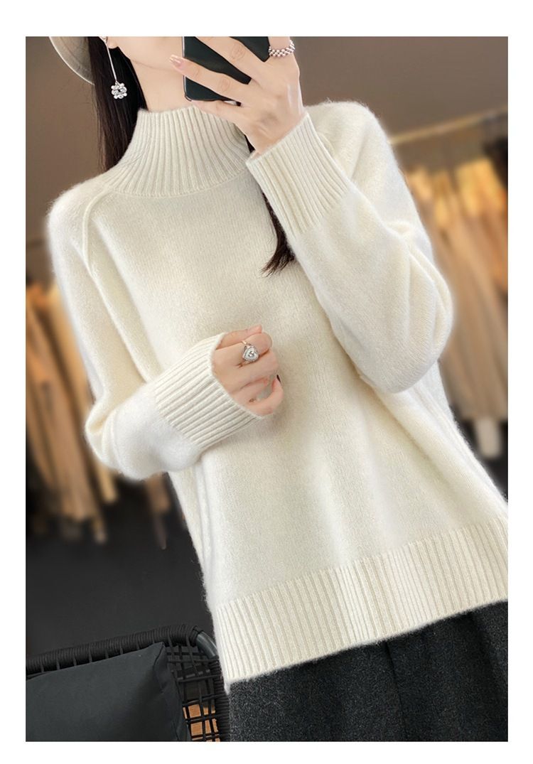 Damenbekleidung: Strickpullover mit Saum – Weiche Schafwollmischung, Pullover mit hohem Halsausschnitt, lässige, lockere Passform, einfarbiges Oberteil (Weiß, Beige, Khaki, Grau, Schwarz)_voghion.com
